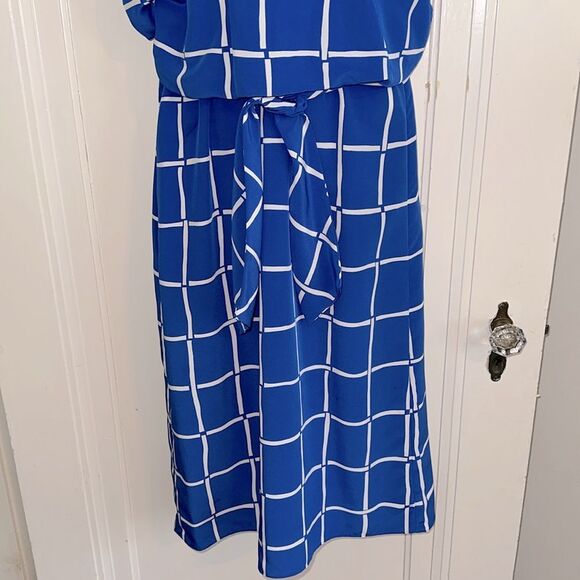 Vtg 80s Sasson Blue & White Grid Pattern Blouson Polyester Short Sleeve Dress - Picture 3 of 7